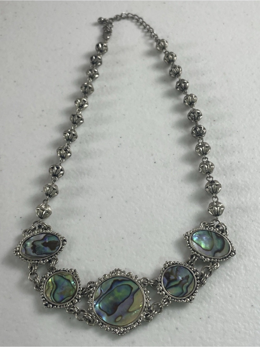 VTG Iridescent Abalone Shell Silver Tone Statement Necklace Ornate Beaded Chain